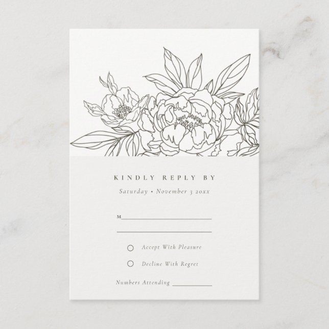 Tarjeta De Recepción Moda Mínima Boceto Floral Marrón Boda RSVP (Anverso)