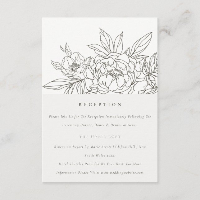Tarjeta De Recepción Moda Mínima Esbozo Floral Marrón Acogida Boda (Anverso)