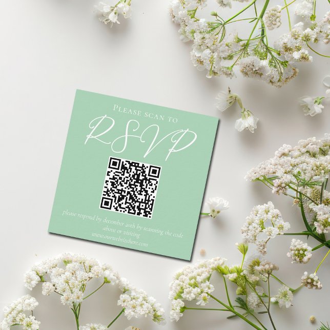 Tarjeta De Recepción Moda Mint Green White Script Boda QR Code RSVP (Subido por el creador)