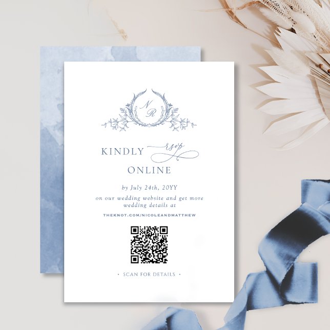 Tarjeta De Recepción Moda Monograma Dusty Azul Código QR Boda RSVP (Subido por el creador)