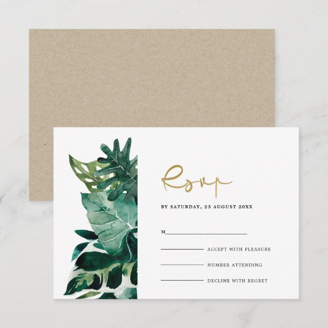 Tarjeta De Recepción Moda Monstera Tropical Foliage Boda Verde Rsvp (Anverso / Reverso)