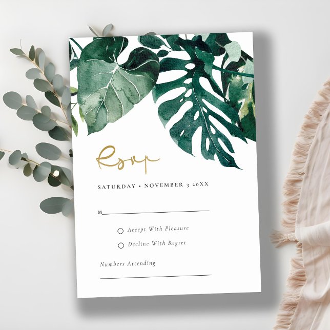 Tarjeta De Recepción Moda Monstera Tropical Foliage Boda Verde Rsvp (Subido por el creador)