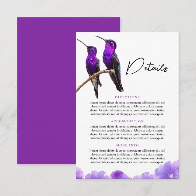 Tarjeta De Recepción Moda Morado Hummingbirds y Petales Boda (Anverso / Reverso)