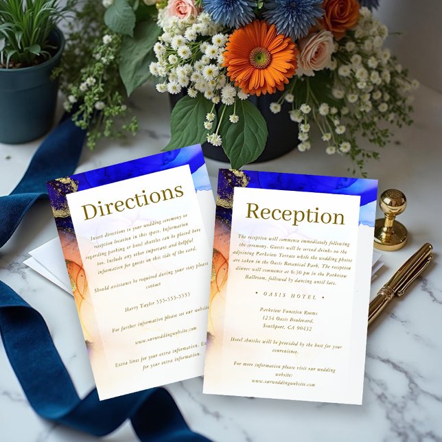 Tarjeta De Recepción Moda Naranja azul zafiro Boda de oro (Chic Sapphire Blue Orange Gold Wedding Enclosure Card.)