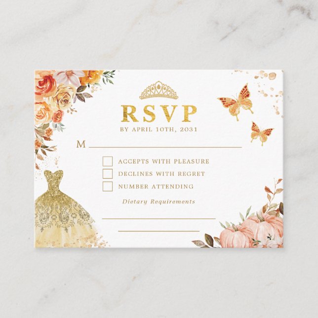 Tarjeta De Recepción Moda Naranja de calabaza otoño Floral Quinceanera  (Anverso)