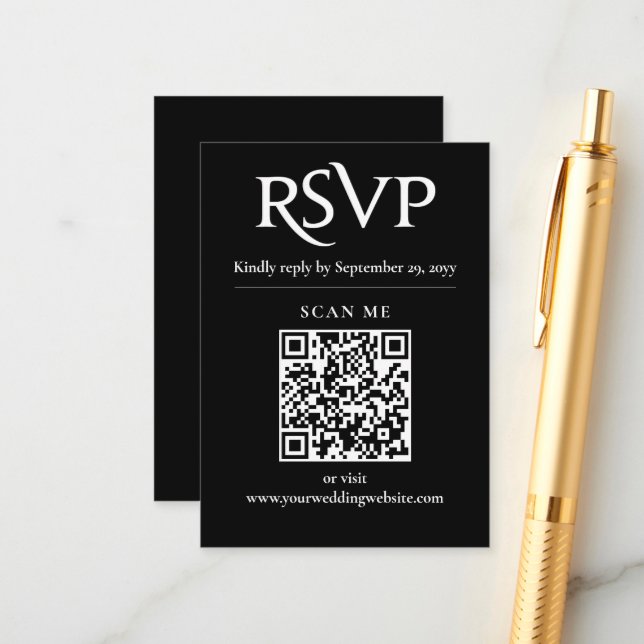 Tarjeta De Recepción Moda negra boda de código RSVP moderno QR (Anverso/Reverso In Situ)