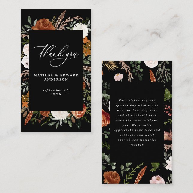 Tarjeta De Recepción Moda negra de presupuesto boda floral gracias (Anverso / Reverso)