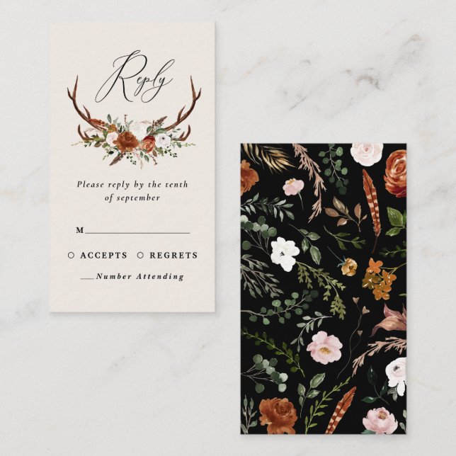 Tarjeta De Recepción Moda negra estridente floral elegante presupuesto  (Anverso / Reverso)
