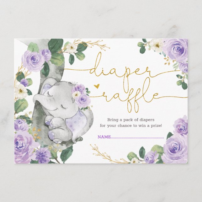 Tarjeta De Recepción Moda Púrpura Floral Elefante Ducha Diaper Raffle (Anverso)