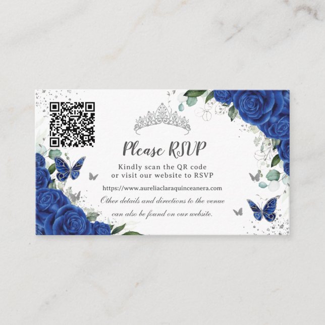Tarjeta De Recepción Moda Real Floral Azul Plata Quinceañera Código QR (Anverso)