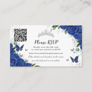 Tarjeta De Recepción Moda Real Floral Azul Plata Quinceañera Código QR