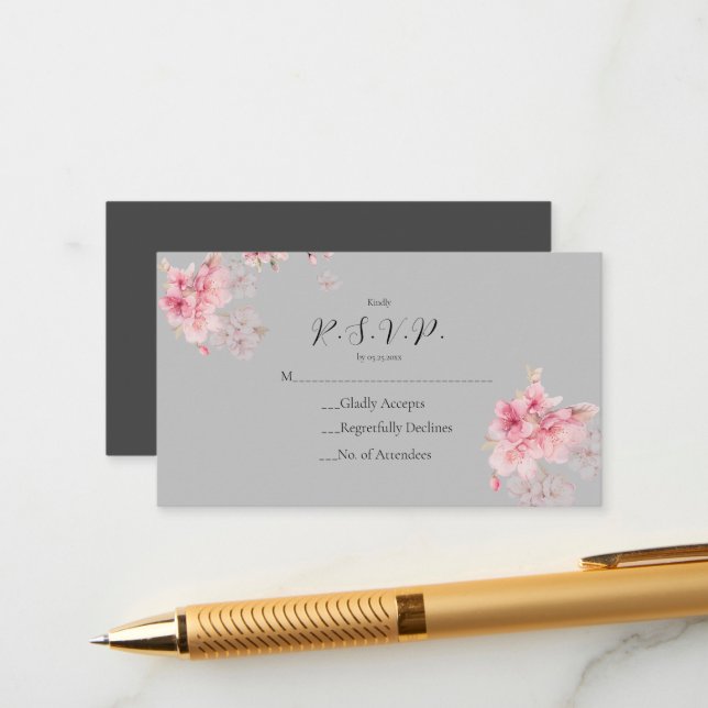 Tarjeta De Recepción Moda rosa sakura floridas sobre un gris (Anverso/Reverso In Situ)