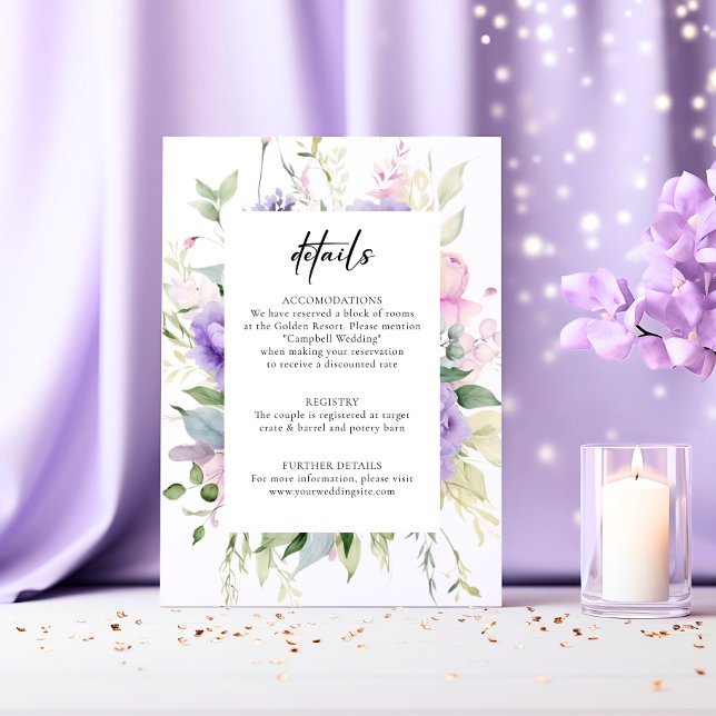 Tarjeta De Recepción Moda Rubor Lavanda rosa Peonies DETALLE Boda (Chic Blush Pink Lavender Peonies DETAILS Wedding Enclosure Card)