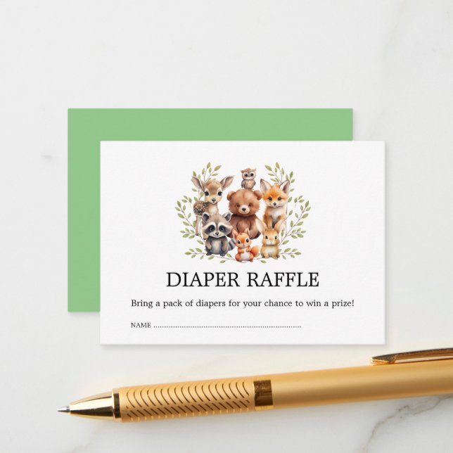 Tarjeta De Recepción Moda Sage Greenery Woodland Animales Diaper Raffle (Anverso/Reverso In Situ)