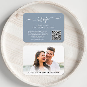 Tarjeta De Recepción Moda Script Foto Código QR Boda azul turbia RSVP