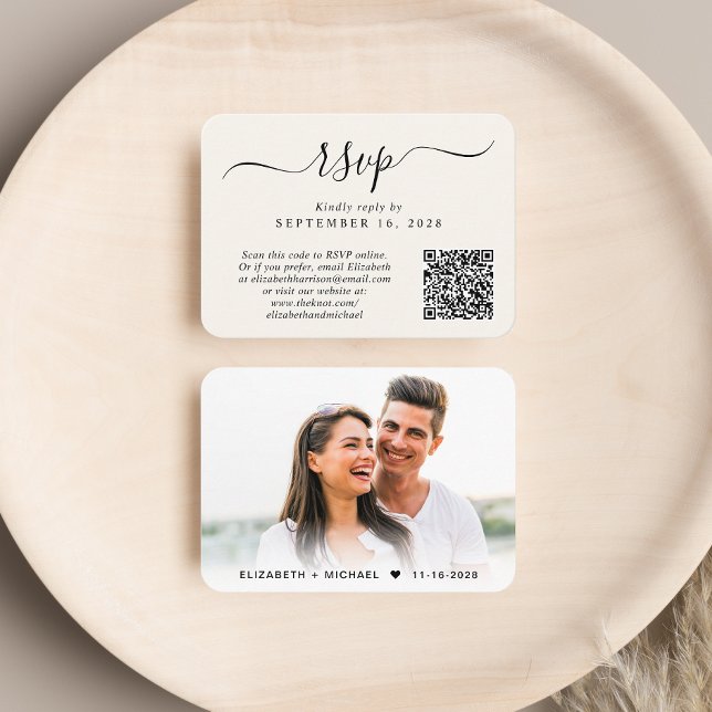 Tarjeta De Recepción Moda Script Foto Código QR Boda crema RSVP (Our user-friendly template will generate your QR code automatically from your website address)