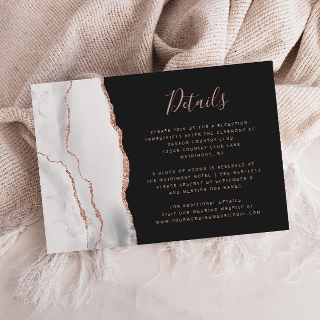 Tarjeta De Recepción Moda White Rose Gold Agate Boda oscuro (Subido por el creador)