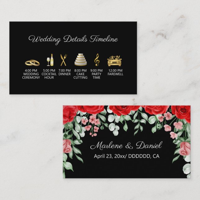 Tarjeta De Recepción Modene Elegante Boda FLoral negro y rojo (Anverso / Reverso)
