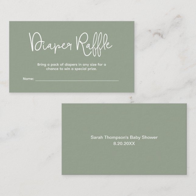 Tarjeta De Recepción Modern Baby Shower Sage Green Diaper Raffle (Anverso / Reverso)