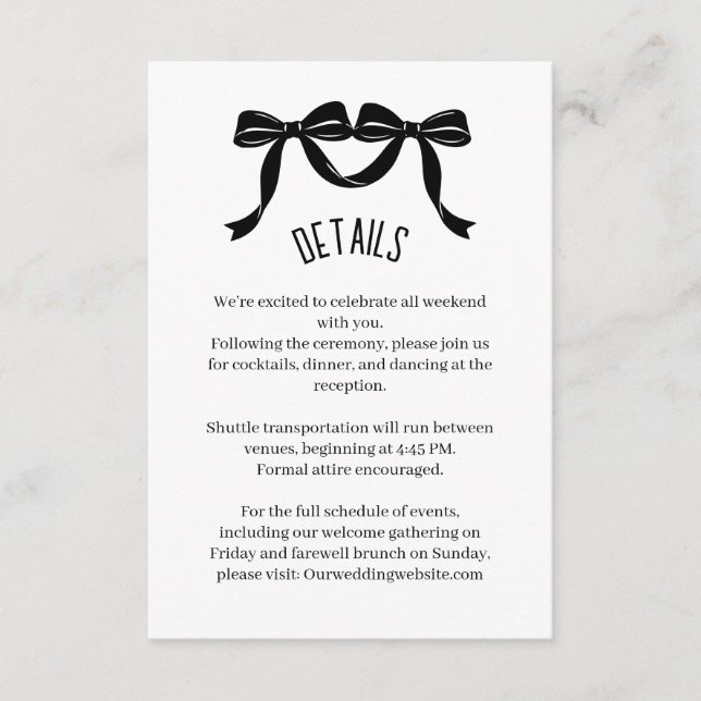 Tarjeta De Recepción Modern Black bow Wedding Details Enclosure Card  (Anverso)