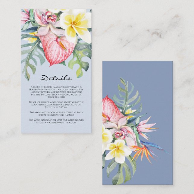 Tarjeta De Recepción Modern Blue Tropical Floral Hawaii Wedding (Anverso / Reverso)