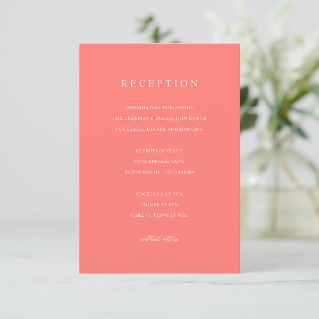 Tarjeta De Recepción Modern Bold Vibrant Coral Simple Wedding (Anverso de pie)