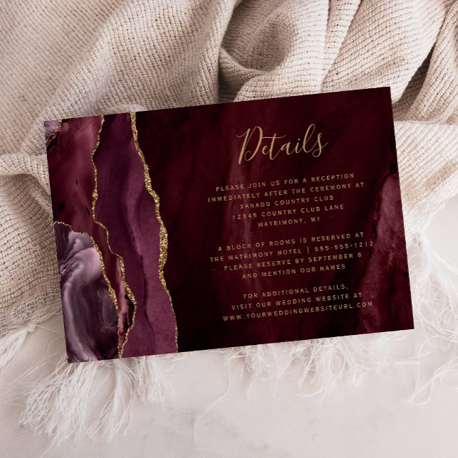 Tarjeta De Recepción Modern Burgundy Gold Agate Wedding Details (Subido por el creador)