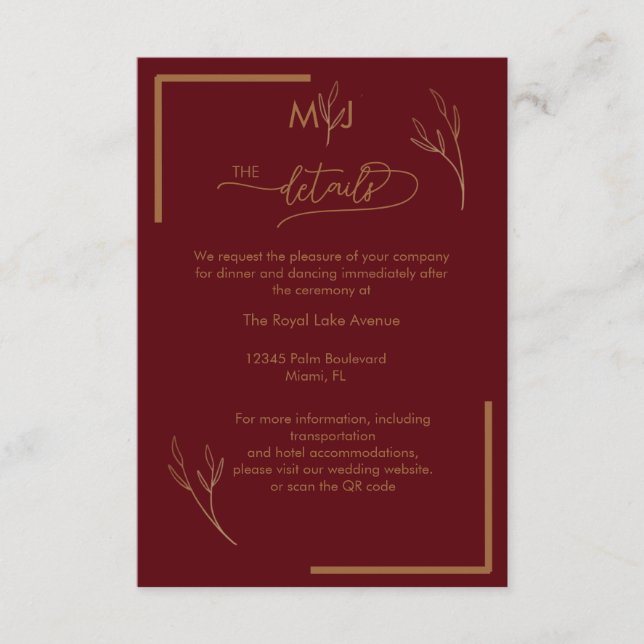 Tarjeta De Recepción Modern Burgundy  Monogram Wedding Details (Anverso)