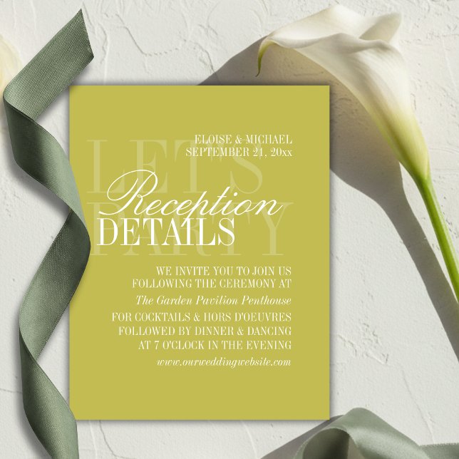 Tarjeta De Recepción Modern Chartreuse Script Wedding Details (Modern Chartreuse Script Wedding Details Enclosure Card)