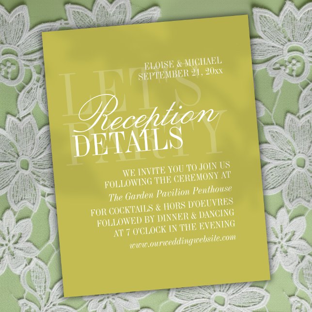 Tarjeta De Recepción Modern Chartreuse Script Wedding Details (Invite guests to join your rehearsal dinner with this Modern Script Citrus Green Card!)