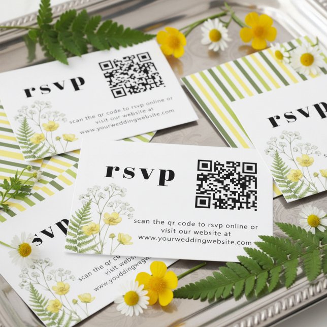 Tarjeta De Recepción Modern Citrus Wildflower Stripe QR RSVP (QR Code Online RSVP Cards - from Citrus Green Wildflower wedding collection by Darling & May)