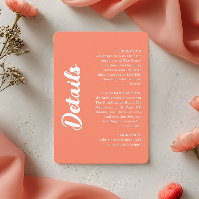 Tarjeta De Recepción Modern Coral Pink Groovy Script Wedding Details (Subido por el creador)