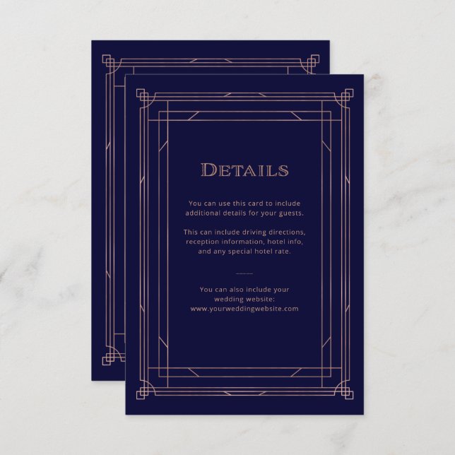 Tarjeta De Recepción Modern Deco Rosa Gold | Detalles del invitado de B (Anverso / Reverso)