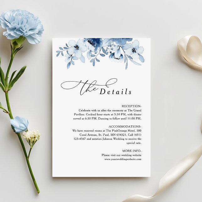 Tarjeta De Recepción Modern Dusty Blue Floral Wedding Details (Subido por el creador)