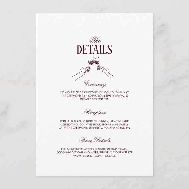 Tarjeta De Recepción Modern Elegant Burgundy Wedding Details  (Anverso)