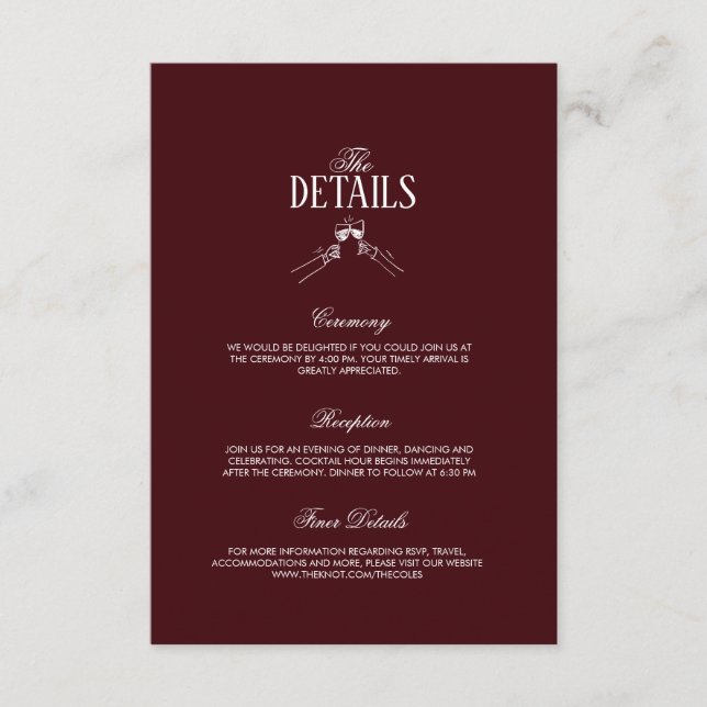 Tarjeta De Recepción Modern Elegant Burgundy Wedding Details  (Anverso)