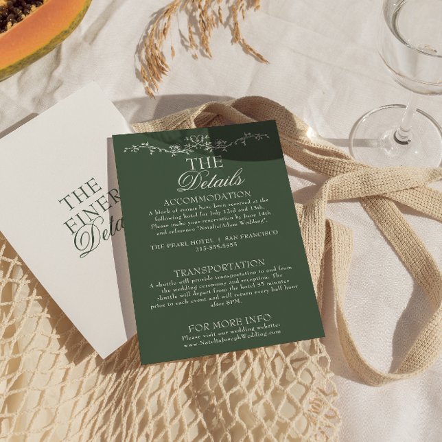 Tarjeta De Recepción Modern Emerald Green Boho Floral Wedding Details (Subido por el creador)