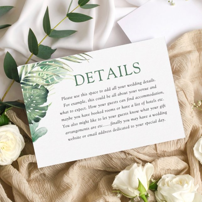 Tarjeta De Recepción Modern Green Tropical Wedding Details (Subido por el creador)