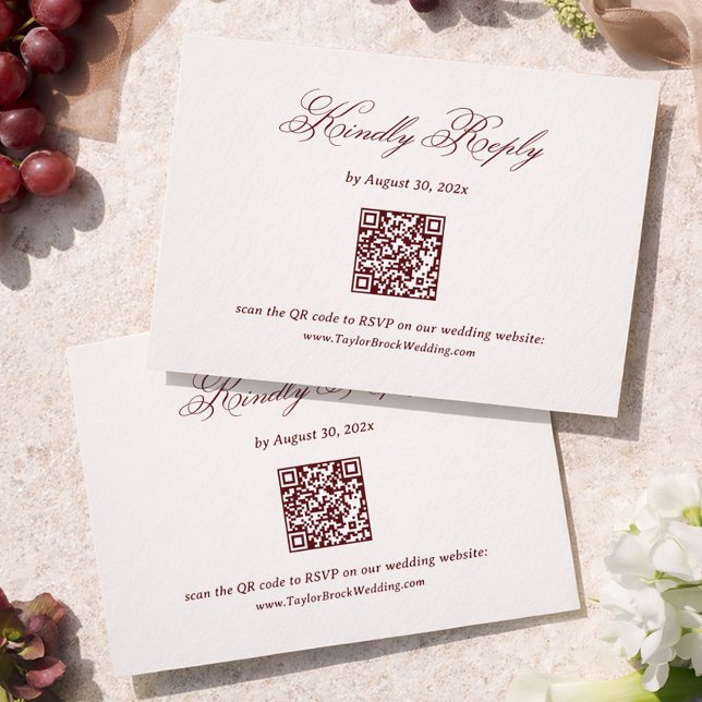Tarjeta De Recepción Modern Ivory and Burgundy Wedding RSVP Qr Code (Subido por el creador)