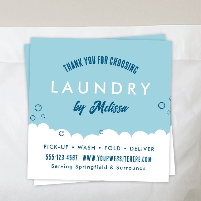 Tarjeta De Recepción Modern Laundry Service Blue & White Thank You Card (Thank you cards with your custom business name or logo and contact details )
