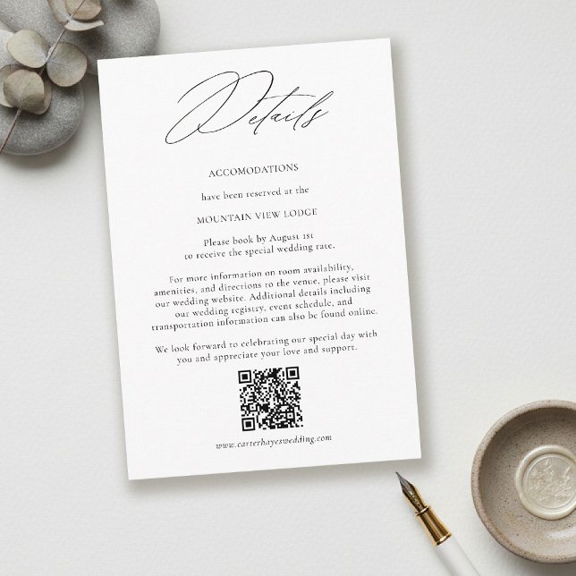Tarjeta De Recepción Modern Minimalist QR Code Wedding Details (Single modern minimalist wedding stationery card flat lay, one card only, centered on a soft neutral)
