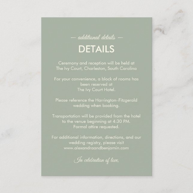 Tarjeta De Recepción Modern Minimalist Wedding | Sage Green Timeless  (Anverso)