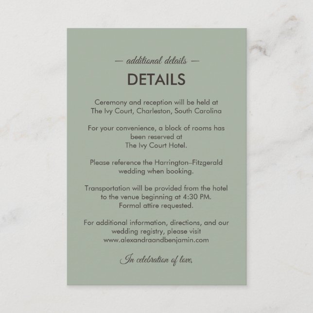Tarjeta De Recepción Modern Minimalist Wedding | Sage Green Timeless  (Anverso)