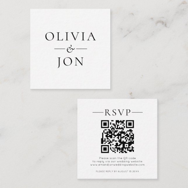 Tarjeta De Recepción Modern Names QR Code Black White Wedding RSVP (Anverso / Reverso)