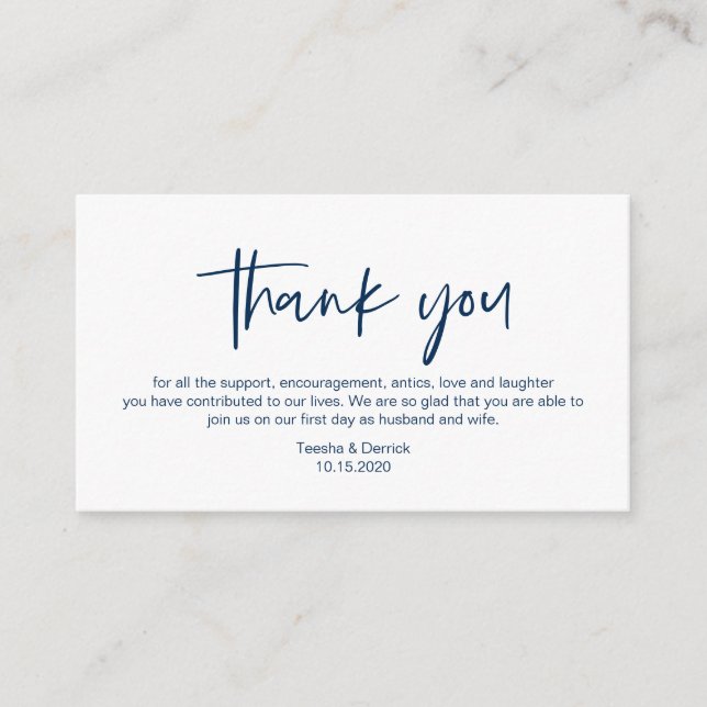 Tarjeta De Recepción Modern Navy Blue casual elegance font, Gracias (Anverso)