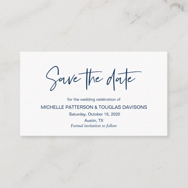 Tarjeta De Recepción Modern Navy casual elegance font, Save the date (Anverso)