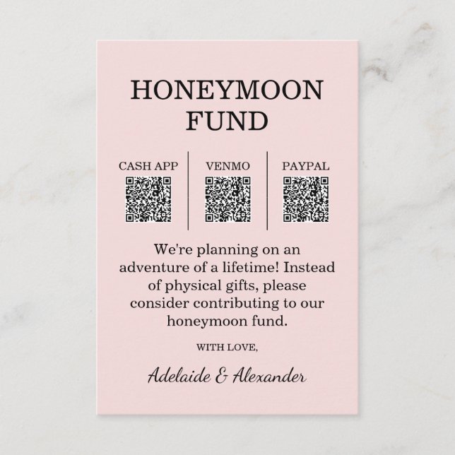 Tarjeta De Recepción Modern Pink Blush Wedding Honeymoon Fund (Anverso)