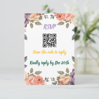 Tarjeta De Recepción Modern Purple Floral QR Code RSVP | Scan to Reply 