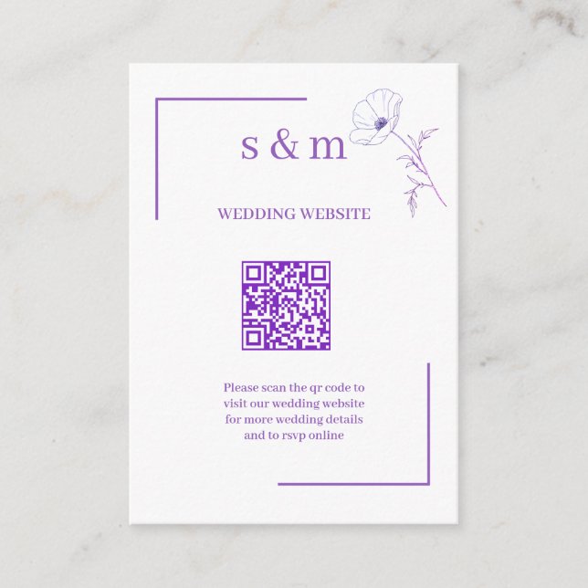 Tarjeta De Recepción Modern Purple Line Art Flo QR Code Wedding Website (Anverso)