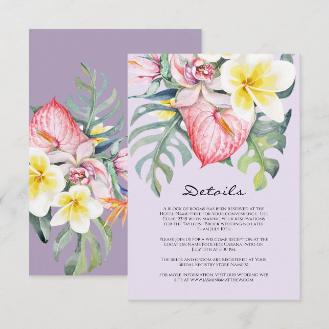 Tarjeta De Recepción Modern  Purple Tropical Floral Hawaii Wedding (Anverso / Reverso)